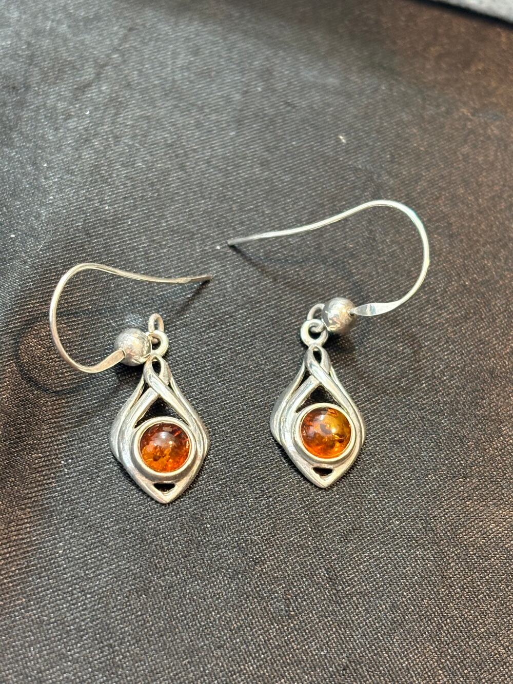 Vintage Sterling Silver Genuine Amber Drop Earrings Vintage
